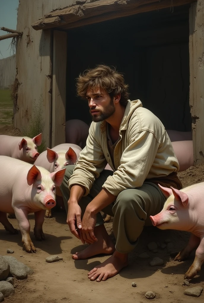 Prodigal son eating with the pigs