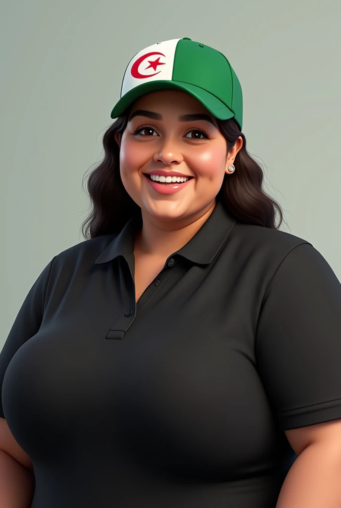 Fat woman wearing black block polo shirt, white and green baseball cap with Algerian flag,,,very realistic image,realistic images,