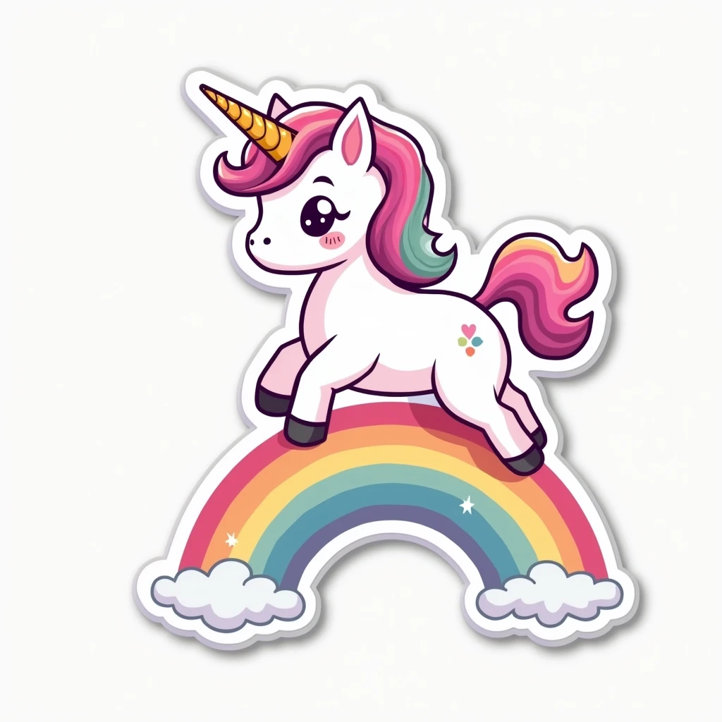 A sticker of a kawaii unicorn with a and a bright pastel-colored mane. He is jumping over a rainbow and has a white border to highlight it as a sticker