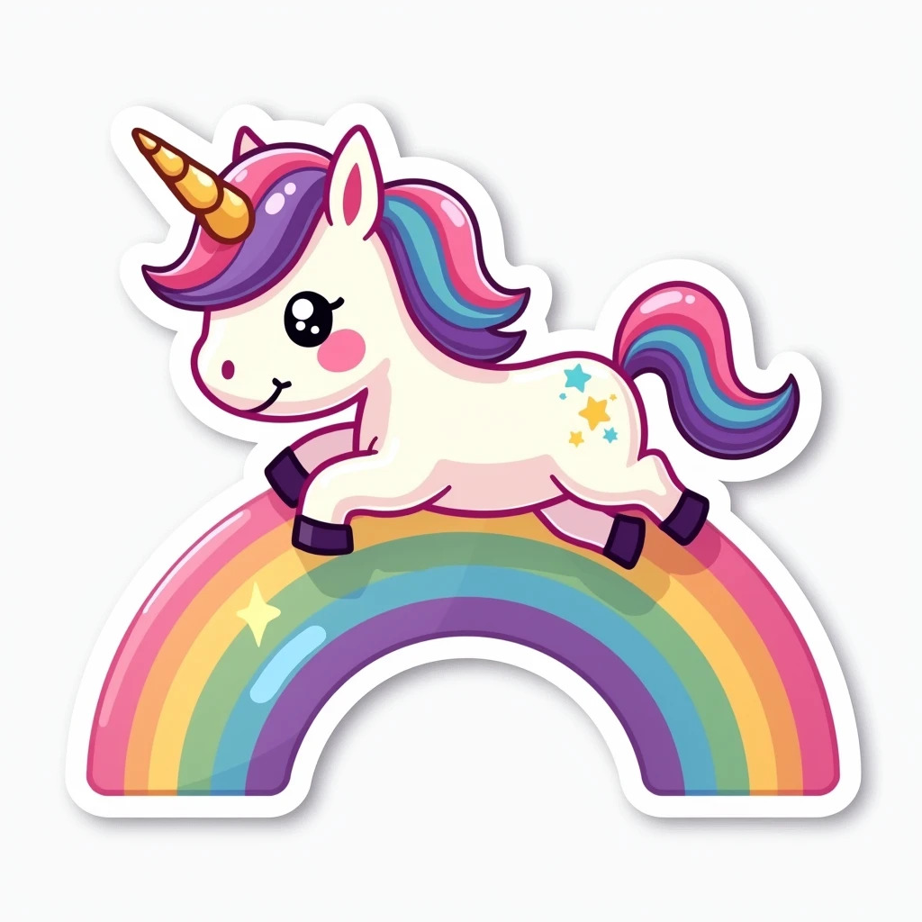 A sticker of a kawaii unicorn with a  and a bright pastel-colored mane. He is jumping over a rainbow and has a white border to highlight it as a sticker