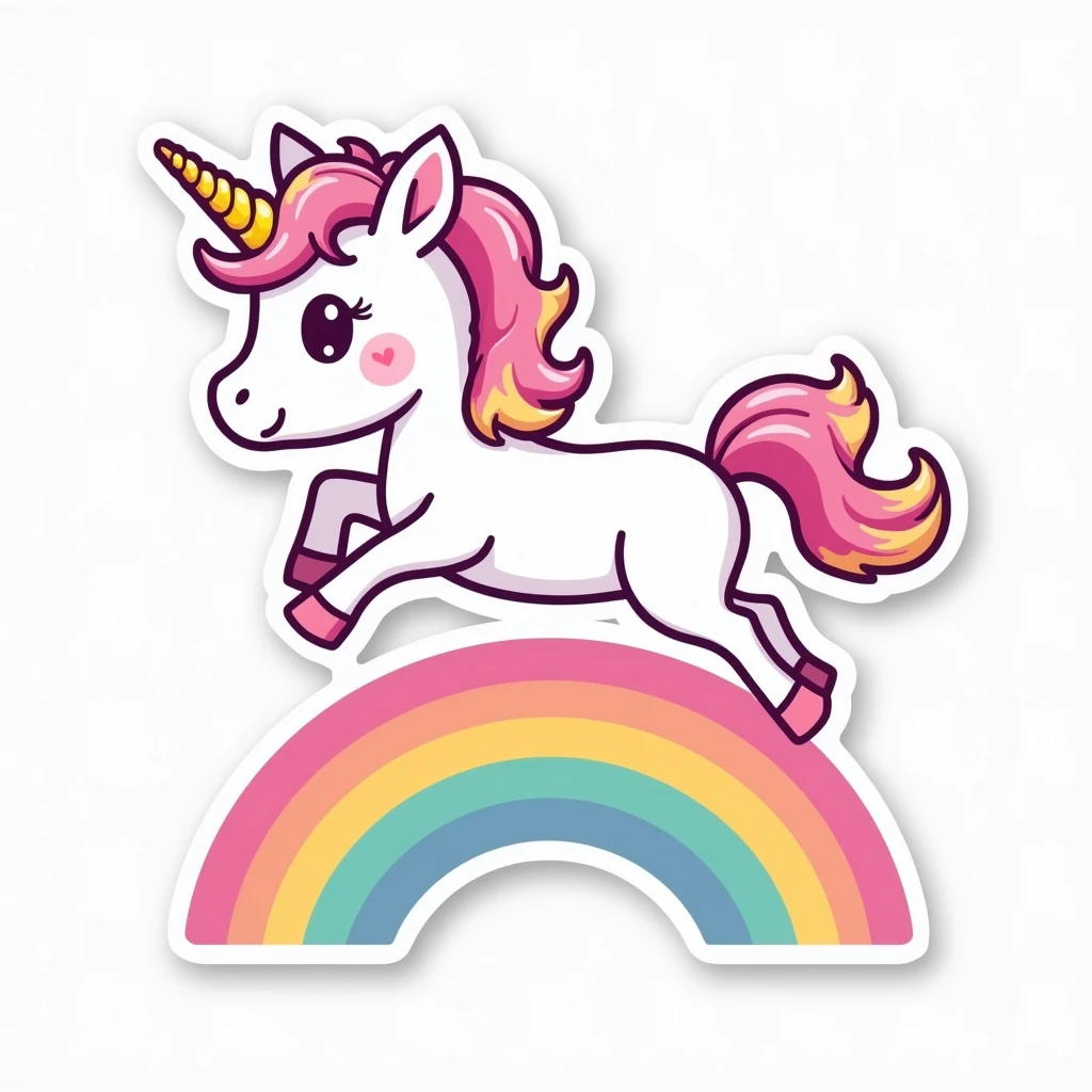 A sticker of a kawaii unicorn with a  and a bright pastel-colored mane. He is jumping over a rainbow and has a white border to highlight it as a sticker