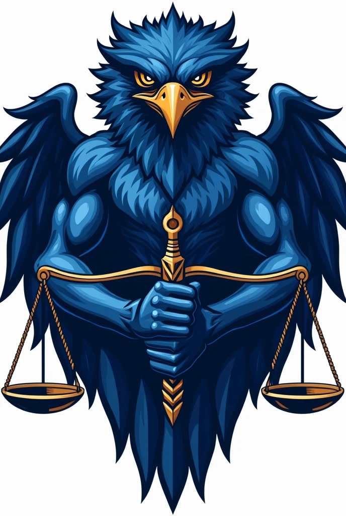 Team logo, emblem in blue tones of a Harpy, the Brazilian imperial eagle, the Brazilian royal hawk, brawny, very strong, with a bad face, holding features the scales of justice symbols of law and wearing a blindfold, college team logo, animal with the whole body