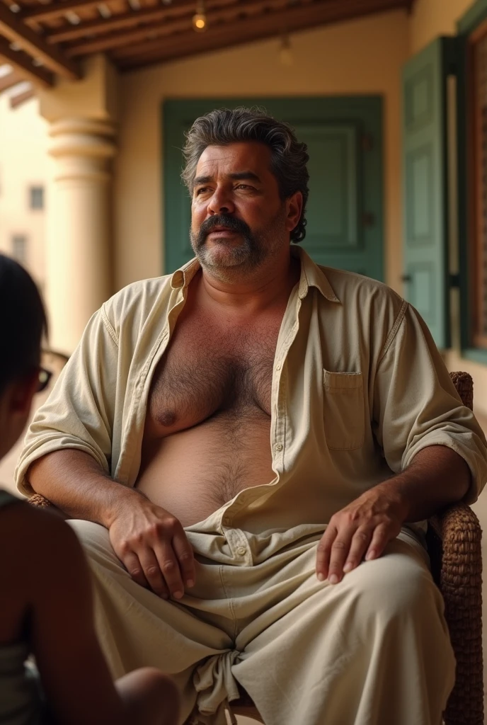 Man has 45 years and heavy with out clothes and mustache and he
Seat with on other from Arab