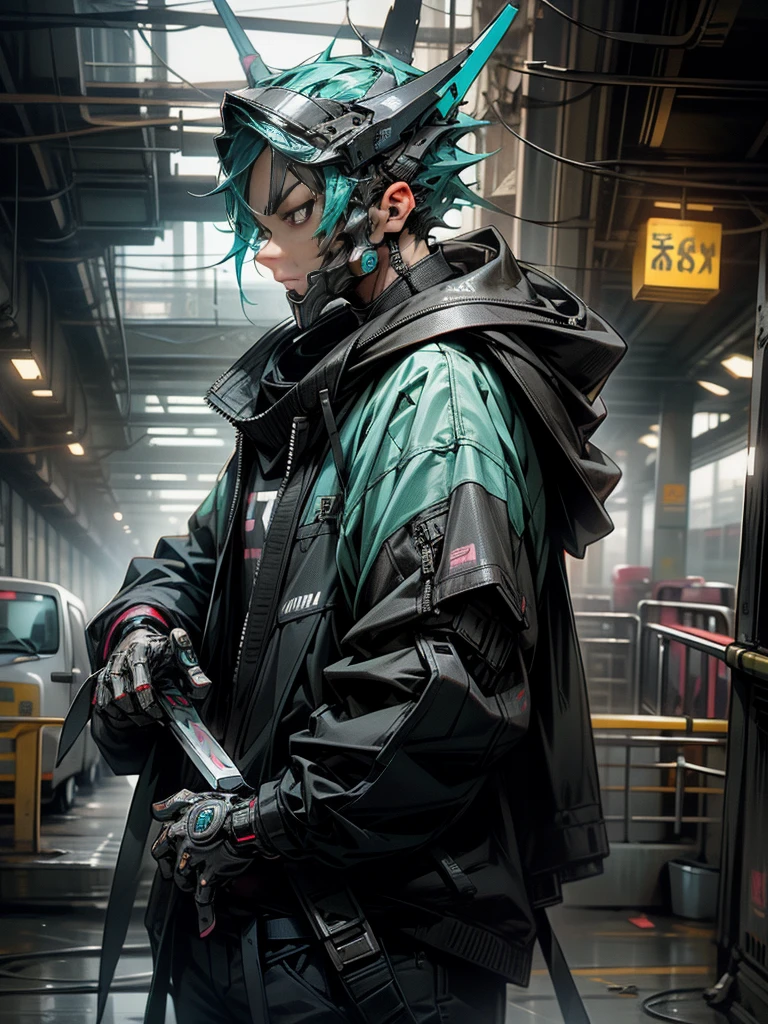 There was a boy wearing a mask and a black hoodie，With a knife in his hand, Hyper-realistic cyberpunk style，Digital cyberpunk anime style，cyan colors