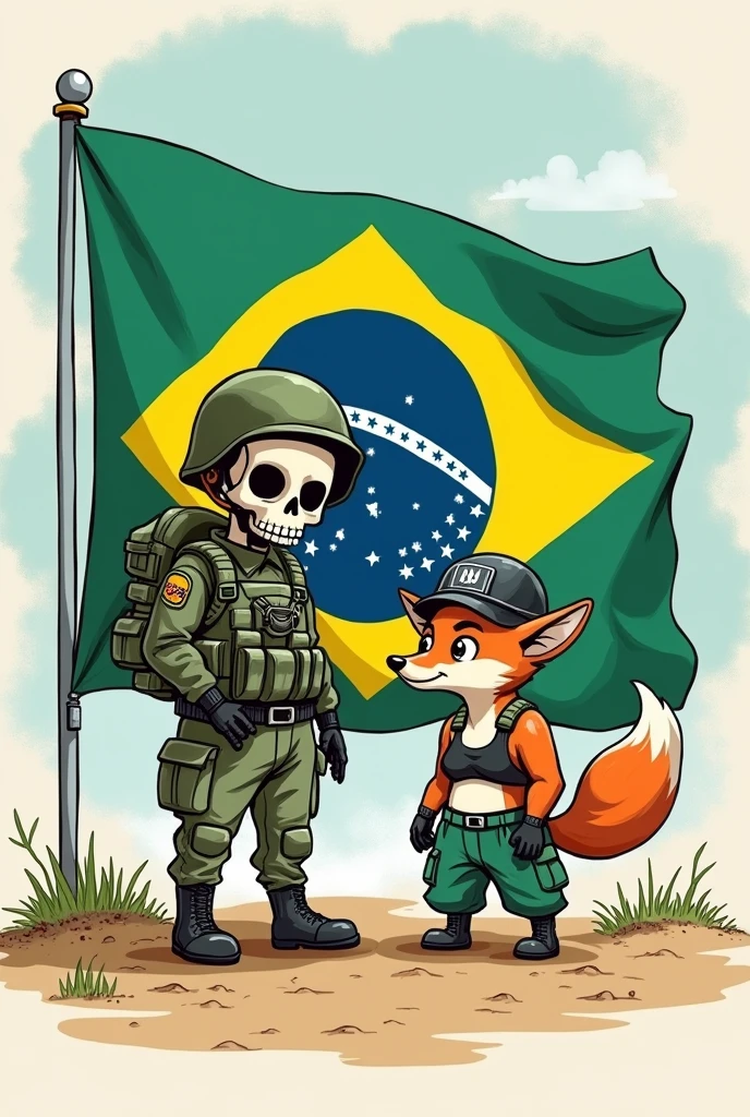 Mini Brazilian skeleton soldier with the company of a furry fox in a bra and sweatpants with a UN helmet on a peace mission in Venezuela with the Brazilian flag behind in a cute drawing.