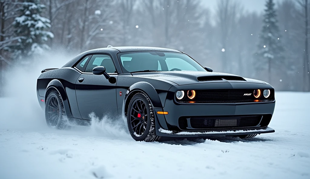 Dodge Challenger SRT Hellcat Redeye in snow falling with Black colour many. Pics