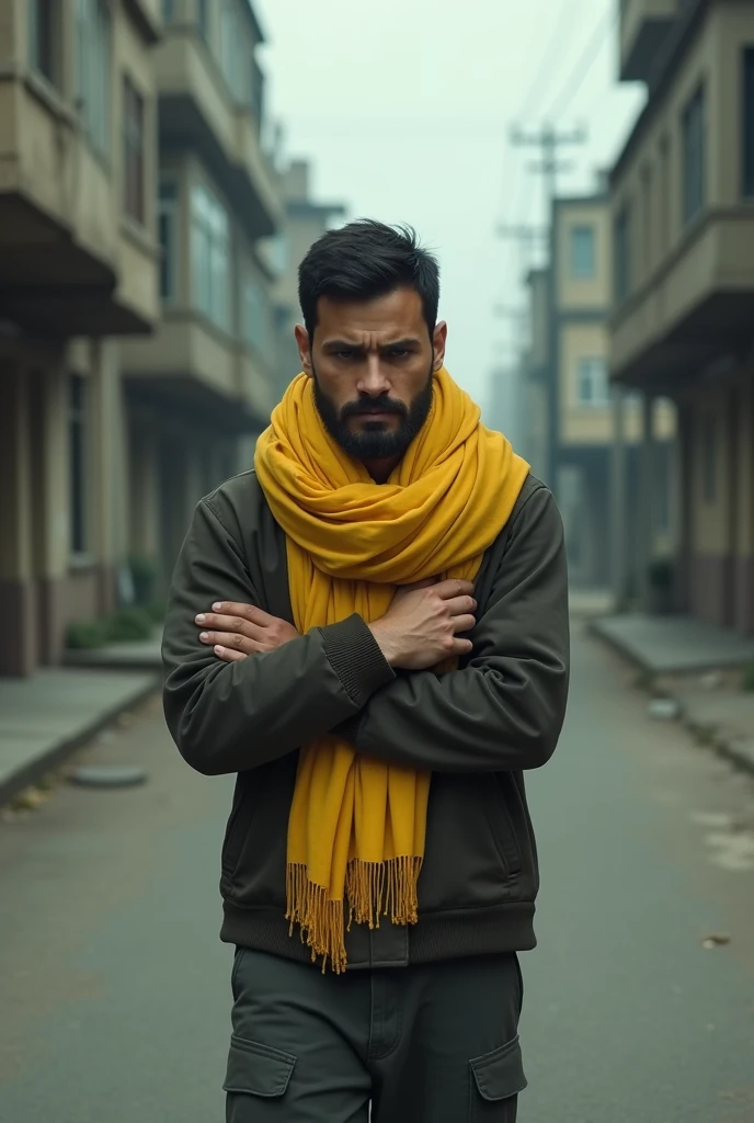 A sad man walking on an empty street. Holding a woman's yellow scarf in his hands and hugging it to chest. He should not wear the scarf around his neck, he should hold it in his hands 