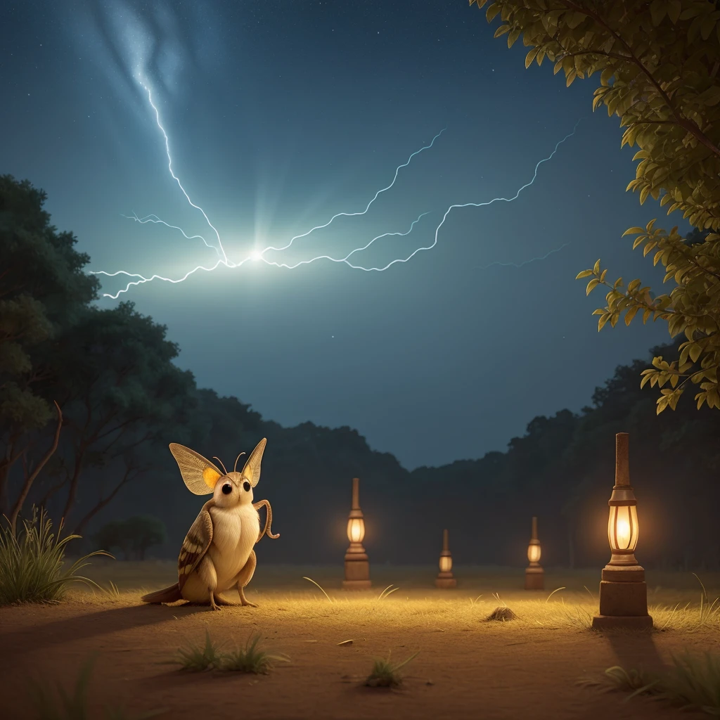 Moth in night sky, multiple lightnings there around moth very strong bright mighty lightings, terrifying surreal photorealistic, hyperrealism, hyperrealistic moth illustration, multiple lightnings around the moth