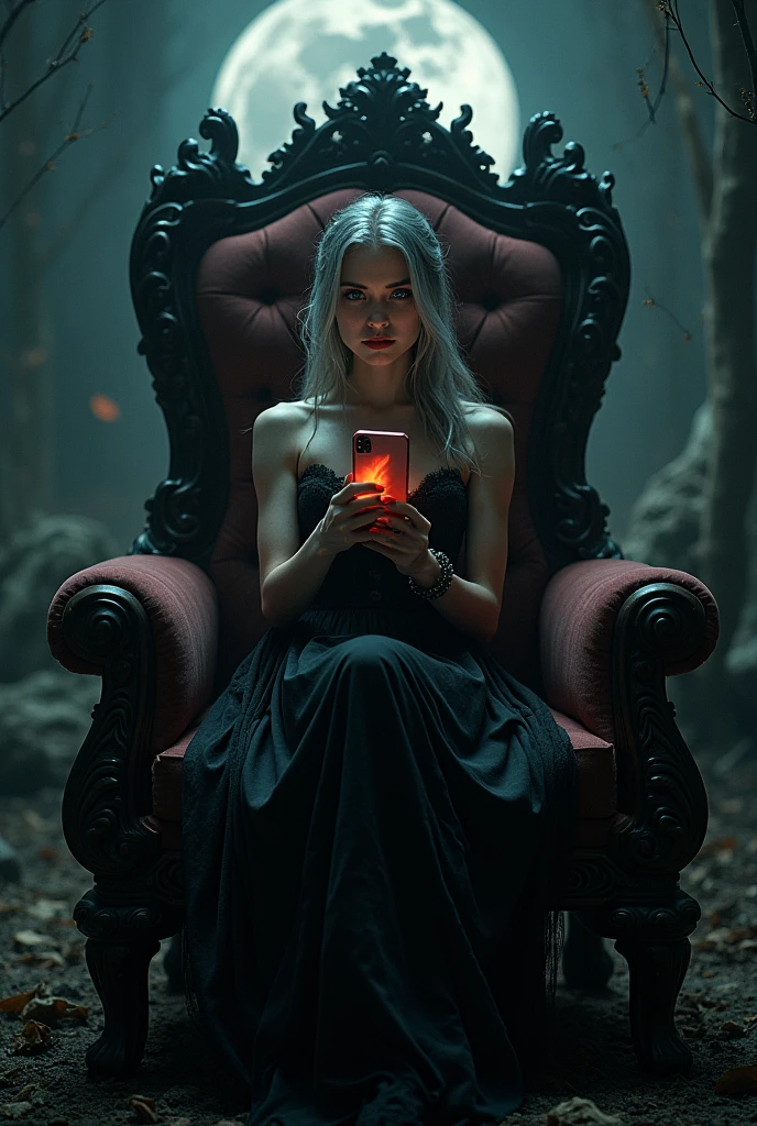 Create the wide-shot (((full-body:1.5))) image of a handsome female vampire, noble and elegant lady, Beautiful alluring colorless eyes, A vampire with a refined and elegant appearance, Loose long hair and angular features, her skin should be pale and flawless, With a touch of potus transcendental beauty, her eyes should be deep and seductive, (They have to wear  detailed and intricate steampunk and detailed gothic valkyrie, Fluttering lace flared long knee length dress with frilly petticoats, long dress, knee length dress, pleated petticoats, lolita dress, petticoats gothic lolita, side-lighting), sitting, leaning on an empty vacant throne, grand in scale and intricacy, blurring the lines between throne and shrine,,  and covered in black vines and roots, the background should be shrouded in shadow, Just a hint of moonlight broke through the darkness, ((((In the hands holds a iphone that spreads its glow on his beautiful body)))), What is presented to others, gothic art style, Ultra-realistic realism, Psychedelic surrealist art, Surreal psychedelic design, Dreaming style, psychedelic art, Quality Quantity, skin texture, intricate details, (cinematic graphic lighting), RAW, 8K,