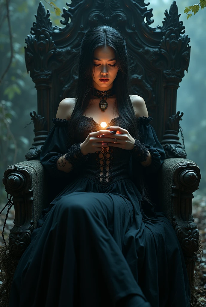 Create the wide-shot (((full-body:1.5))) image of a handsome female vampire, noble and elegant lady, Beautiful alluring colorless eyes, A vampire with a refined and elegant appearance, Loose long hair and angular features, her skin should be pale and flawless, With a touch of potus transcendental beauty, her eyes should be deep and seductive, (They have to wear  detailed and intricate steampunk and detailed gothic valkyrie, Fluttering lace flared long knee length dress with frilly petticoats, long dress, knee length dress, pleated petticoats, lolita dress, petticoats gothic lolita, side-lighting), sitting, leaning on an empty vacant throne, grand in scale and intricacy, blurring the lines between throne and shrine,,  and covered in black vines and roots, the background should be shrouded in shadow, Just a hint of moonlight broke through the darkness, ((((In the hands holds a iphone that spreads its glow on his beautiful body)))), What is presented to others, gothic art style, Ultra-realistic realism, Psychedelic surrealist art, Surreal psychedelic design, Dreaming style, psychedelic art, Quality Quantity, skin texture, intricate details, (cinematic graphic lighting), RAW, 8K,