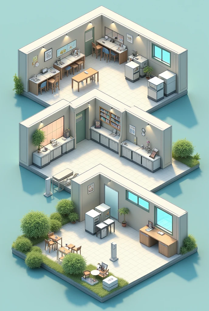 Physical structure of a veterinary clinic with an operating room, a laboratory, recovery area, Consultations and reception as an architect