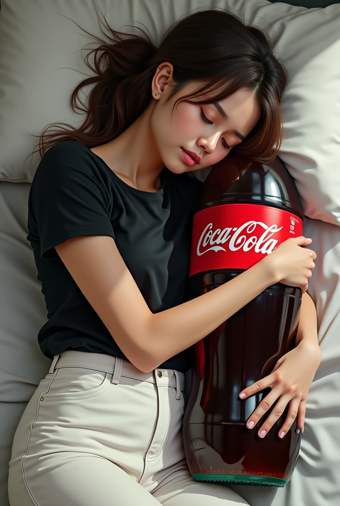 A lady wearing black t shirt and white trouser, is sleeping hugging large cocacola bottle instead of lap-pillow