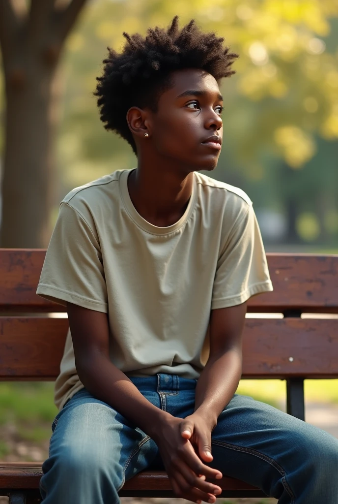 (photorealism:1.2), black sixteen years old boy, sitting on an outdoor bench, wearing a T-shirt, jeans trouser, low cut, outdoor, soft lighting, college background, deep in thoughts pose, realistic, intricate details, warm colors.