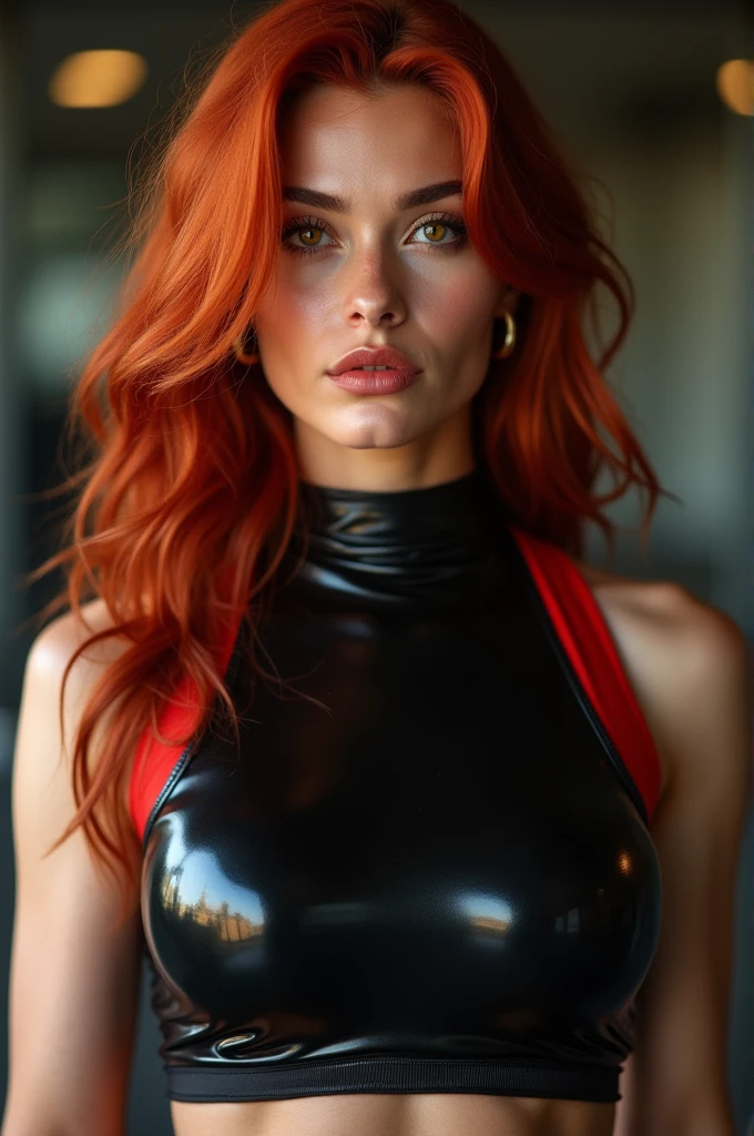 high detail, wearing (tight shirt:1.2), beautiful detailed face, red hair, hazel eyes, (attractive fitness woman:1.3), (seductive:1.1), (blushing:1.1), hourglass body shape, complete shiny aerobic black and red latex bodysuit, big round breasts