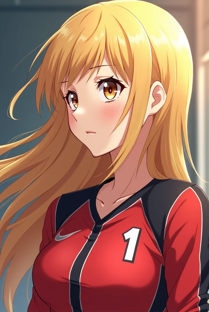 Blonde woman with honey colored eyes, long hair, 19yearsold, wearing the Nekoma High School volleyball uniform from the anime Haikyuu, shirt number 1, red and black shirt, pfp.