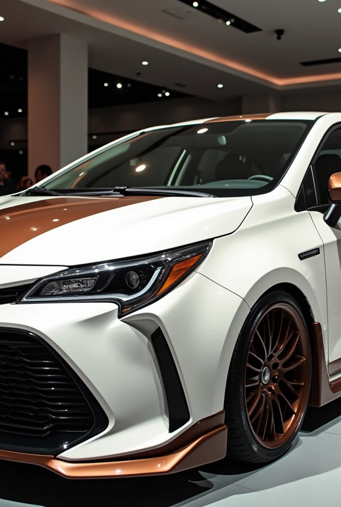 Corolla sedan, 2017 model, with a sporty and youthful appearance, painted predominantly white, with the area near the wheels, ceiling and around the headlights, in chocolate brown color, with cream and black details, a unique car, that everyone will look at.