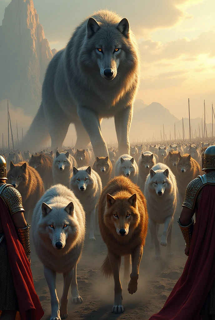 Army of large wolves of various colors, and male soldiers the immaculate ancient soldiers. Together united, hundreds of thousands 
