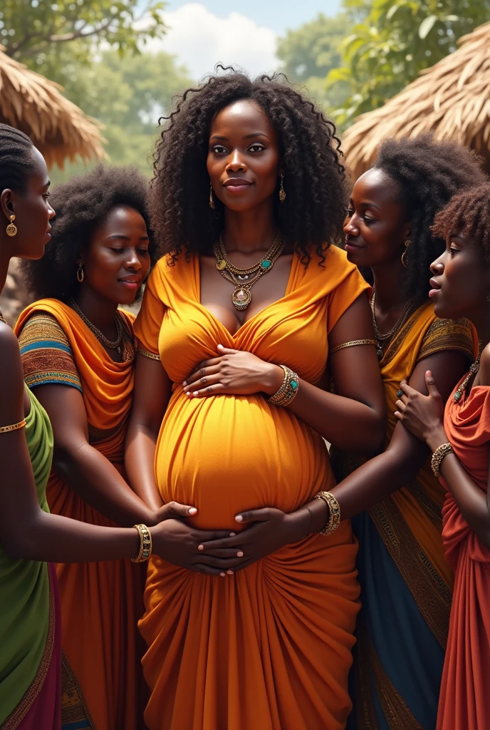 A pregnant princess surrounded by her people in an African village
