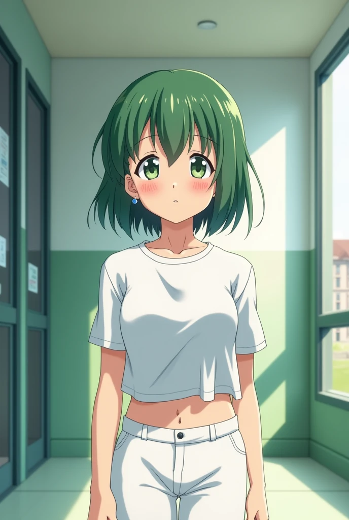 anime attractive slim girl with short green fluffy hair on the face with a slightly dark body with chubby cheeks with white shirt and white pants with white knee-high sock with earrings in ears standing in the school with medium boobs embarrassed