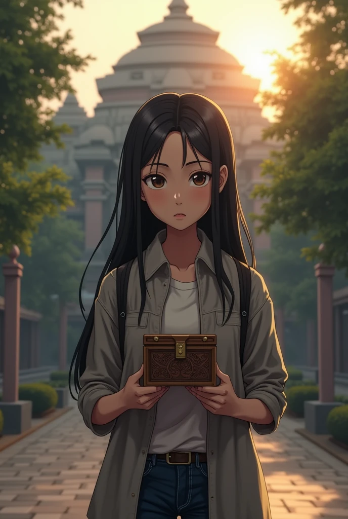 Here’s the image prompt for Scene 7:
**Prompt:**
At dawn, a young Thai woman named "ไหม," in her early 20s with long black hair and determined, reflective eyes, emerges from the ancient temple, now back in the familiar surroundings of her university campus. She is dressed in casual university attire, and her hand tightly grasps the small, intricately carved box she discovered. The campus is quiet, with the first light of day casting a soft glow over the buildings and trees. Behind her, the entrance to the hidden temple is almost invisible, blending seamlessly into the landscape. ไหม’s expression is one of resolve and contemplation, aware that her life has been forever changed by the secrets she now holds. The atmosphere is calm but carries a sense of anticipation, as if the world around her has shifted slightly, and the weight of the knowledge she carries is just beginning to settle.