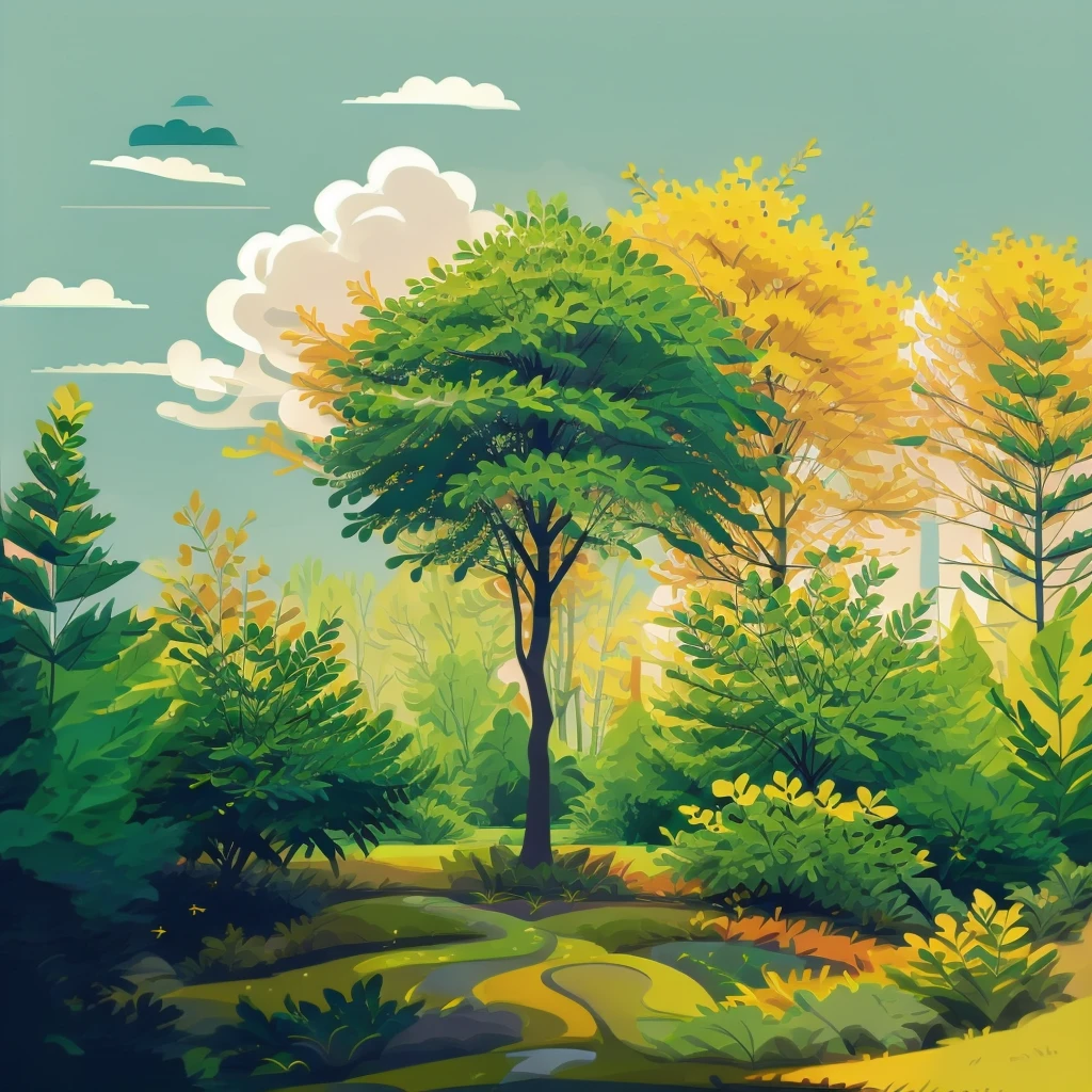 Tree, Abstract summer, minimal, vector, mix of natural and geometric, 2D, mostly using color code dark green and mustard palette, dark gray green, dark green mustard pastel color, using very little dark green warm colors with tonal combination With green and mustard color, dark gray green