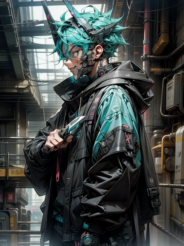 There was a boy wearing a mask and a black hoodie,With a knife in his hand, Hyper-realistic cyberpunk style,Digital cyberpunk anime style,cyan colors