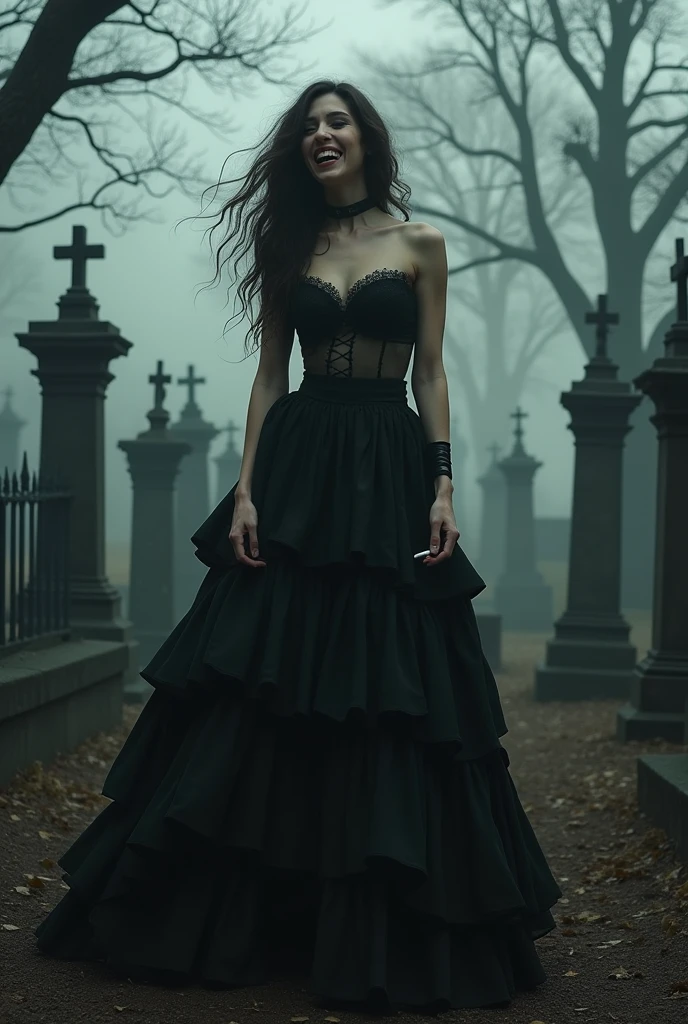 Woman in long black seven-ruffle skirt, in the cemetery and laughing with a cigarette in his hand.
