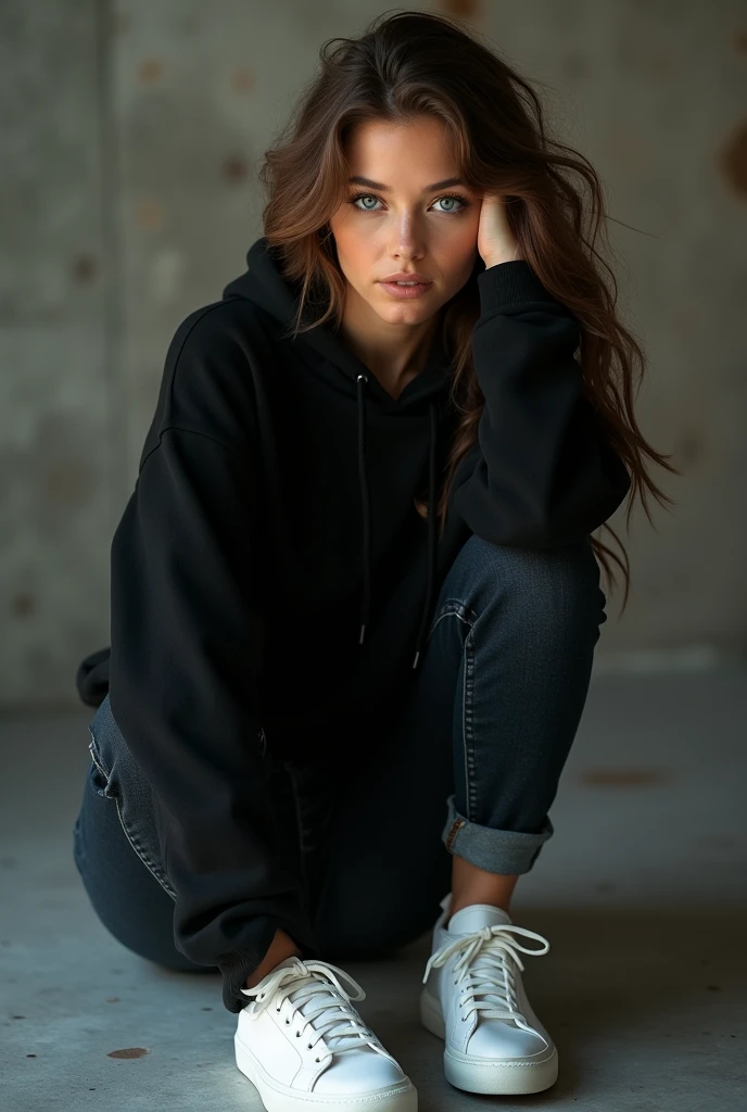 The sexiest 2 European girl with blue eyes and brown hair, she is in a vulnerable submissive position, she is wearing a black hoodie, she is wearing white sneakers and white jeans, ultra High resolution, (fotorrealista: 1. 4), High resolution, (finely detailed skin), (blue eyes), (perfect proportions) (realistic photos) (masterpiece) (fotorrealista), ultra-realistic (Best quality) (detailed) photographed with a Canon EOS R5, 50mm lens, f/2.8, (8k) (Wallpaper) (cinematic lighting) (dramatic lighting) (complex) fashion.