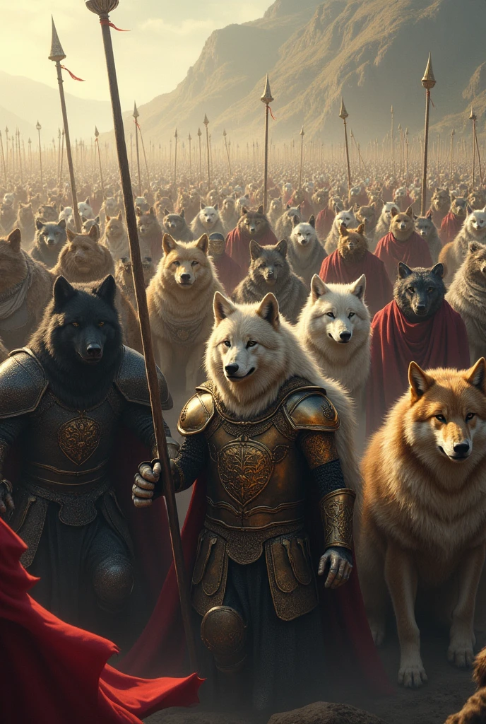 Army of large wolves of various colors, and male soldiers the immaculate ancient soldiers. Together united, hundreds of thousands