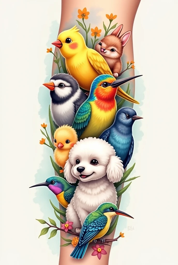 You are going to create an image for a watercolor style forearm tattoo., that does not use the color black. This image will be composed of two yellow canaries, two Amazonian capuchin birds, a chick, a rabbit, a mini-sized white fresnhpoodle dog with wavy hair, a hummingbird and a totally white Samoyed cross with a husky with heterochromia. 