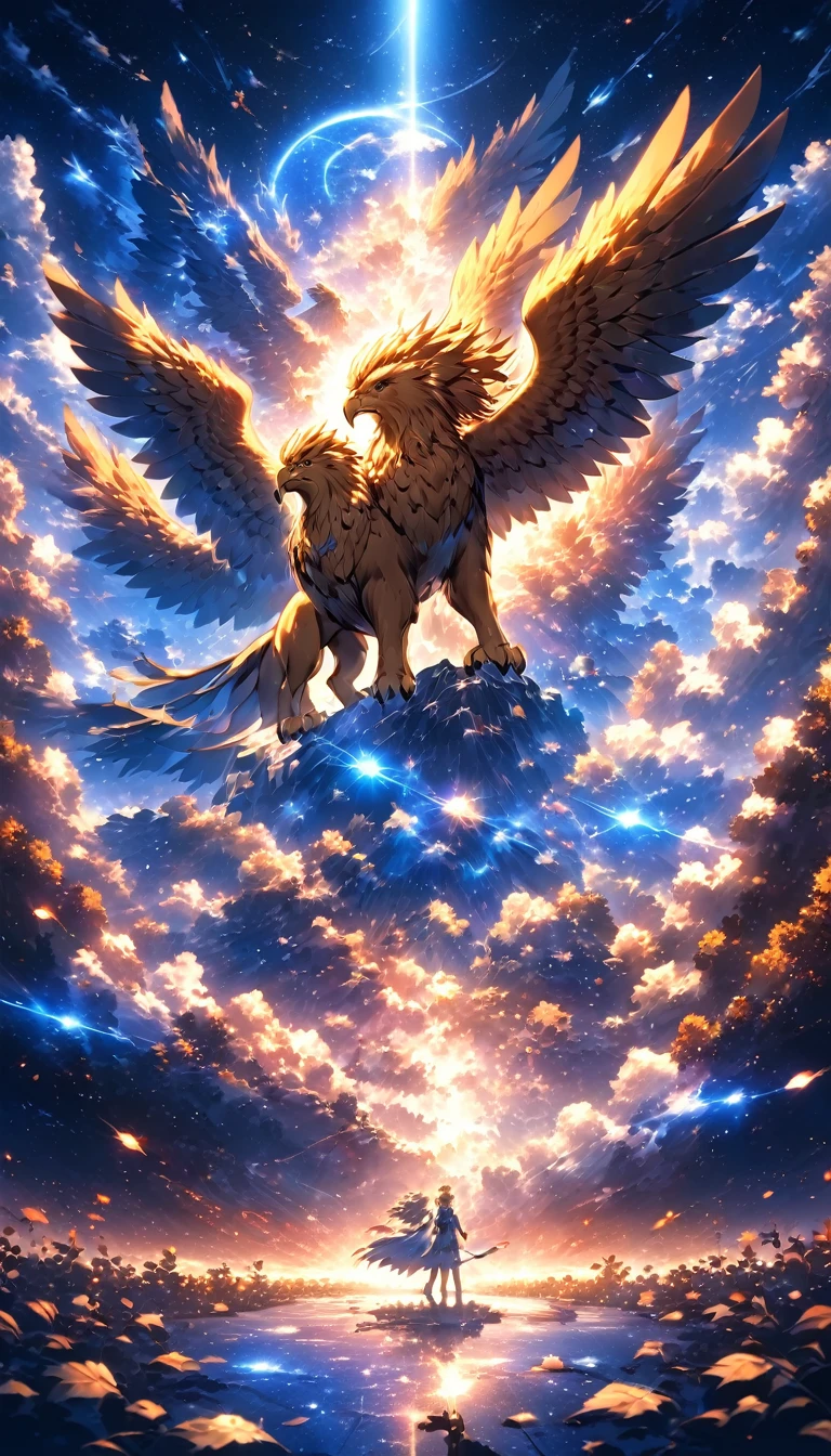 masterpiece, Concept Art, Panorama, ARW, griffin, in the center, shape, Wide Shot, garden, night, (meteor), Space galaxy background, (Great composition, Epic scale), Dynamic Lighting, Bright colors, Blue rose, drop shadow, anaglyph, stereogram, tachi-e, ass pov, atmospheric perspective, anime style, chromatic aberration, cinematic lighting, reflection light, 8K, super detail, best quality, uhd, high details, textured skin