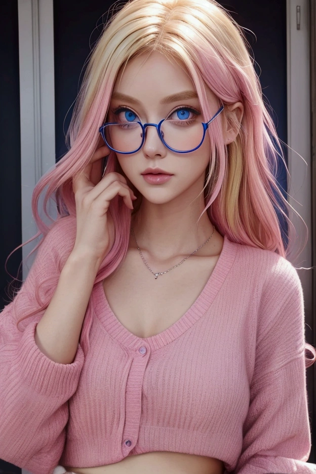 Beautiful 2 blonde model, glasses, blue eyes, pink hair, colorful casual clothes, fit body, Looking at the audience