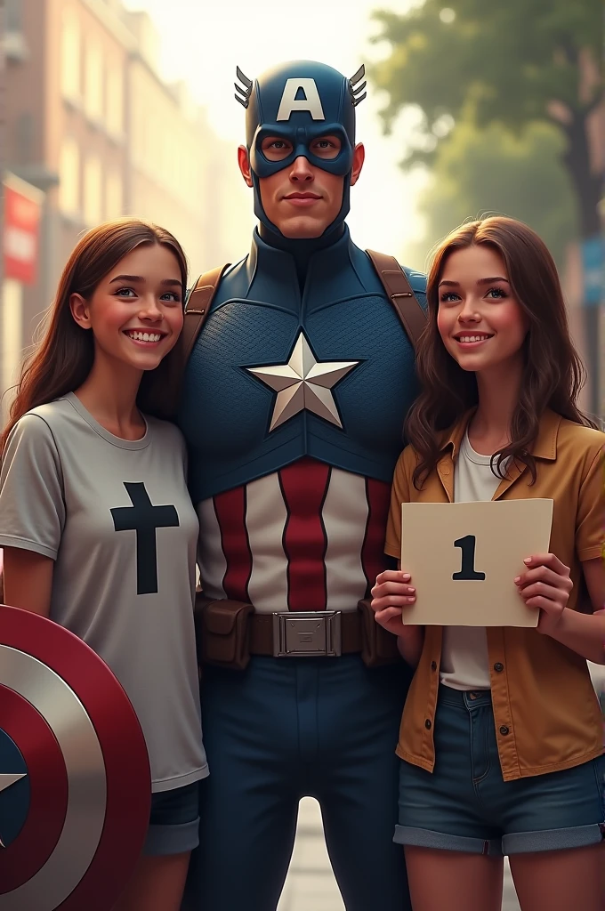 Captain America with two teens beside he, they have a T-shirt with a catholic cross. They are happy. One teen have a paper sheet with a number one on the paper