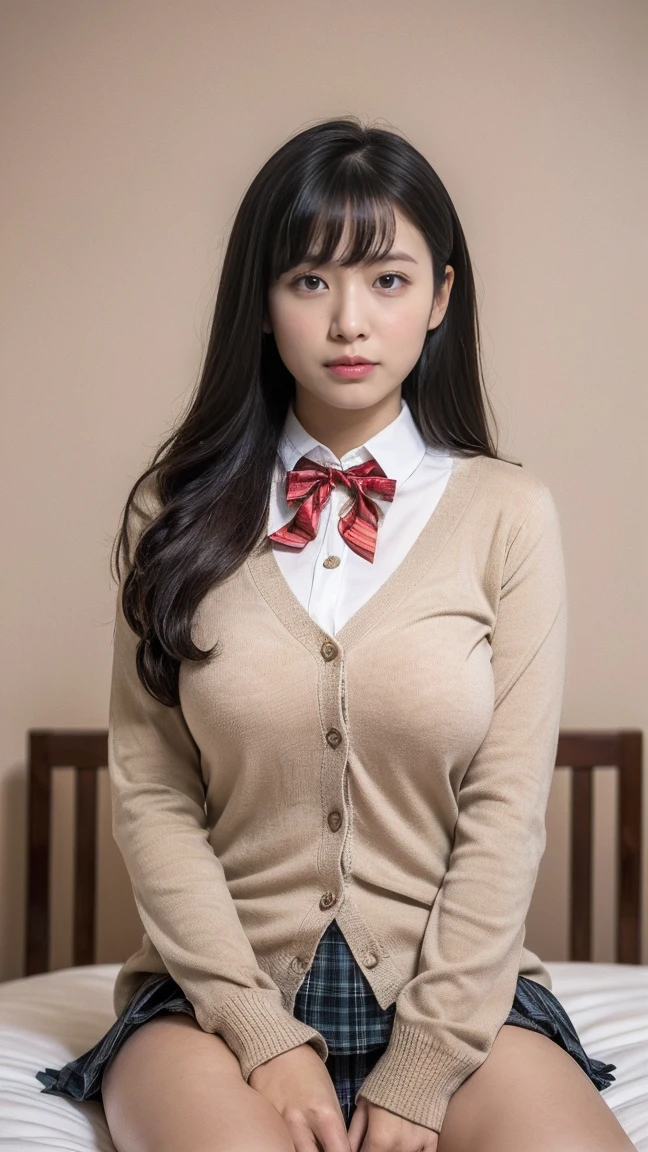 (((8k、High resolution、Highest quality、High resolution)))alone、Natural body shape、White skin、Natural Makeup、Black Hair、bangs、Straight Long Hair、、((High School Uniform)) 、((Beige cardigan、white collared long sleeve blouse))、((Red checkered pleated skirt))、(red school ribbon)、、(Big Breasts:1.3)、((The upper body is wearing a uniform))、(((((Looking into the camera)))))、(((Head to shin portrait)))、(((Exposing your thighs)))、Bedroom、On the bed、Sit with your legs apart、((Focus on the crotch))、White socks