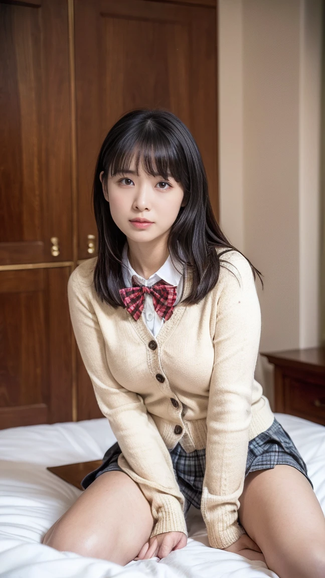 (((8k、High resolution、Highest quality、High resolution)))alone、Natural body shape、White skin、Natural Makeup、Black Hair、bangs、Straight Long Hair、、((High School Uniform)) 、((Beige cardigan、white collared long sleeve blouse))、((Red checkered pleated skirt))、(red school ribbon)、、(Big Breasts:1.3)、((The upper body is wearing a uniform))、(((((Looking into the camera)))))、(((Head to shin portrait)))、(((Exposing your thighs)))、Bedroom、On the bed、Sit with your legs apart、((Focus on the crotch))、White socks