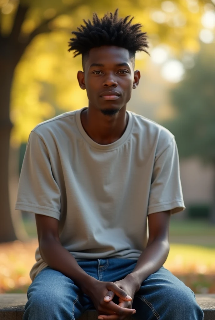 (photorealism:1.2), black sixteen years old boy, sitting on an outdoor bench, wearing a T-shirt, jeans trouser, low cut, outdoor, soft lighting, college background, neutral pose, realistic, intricate details, warm colors.