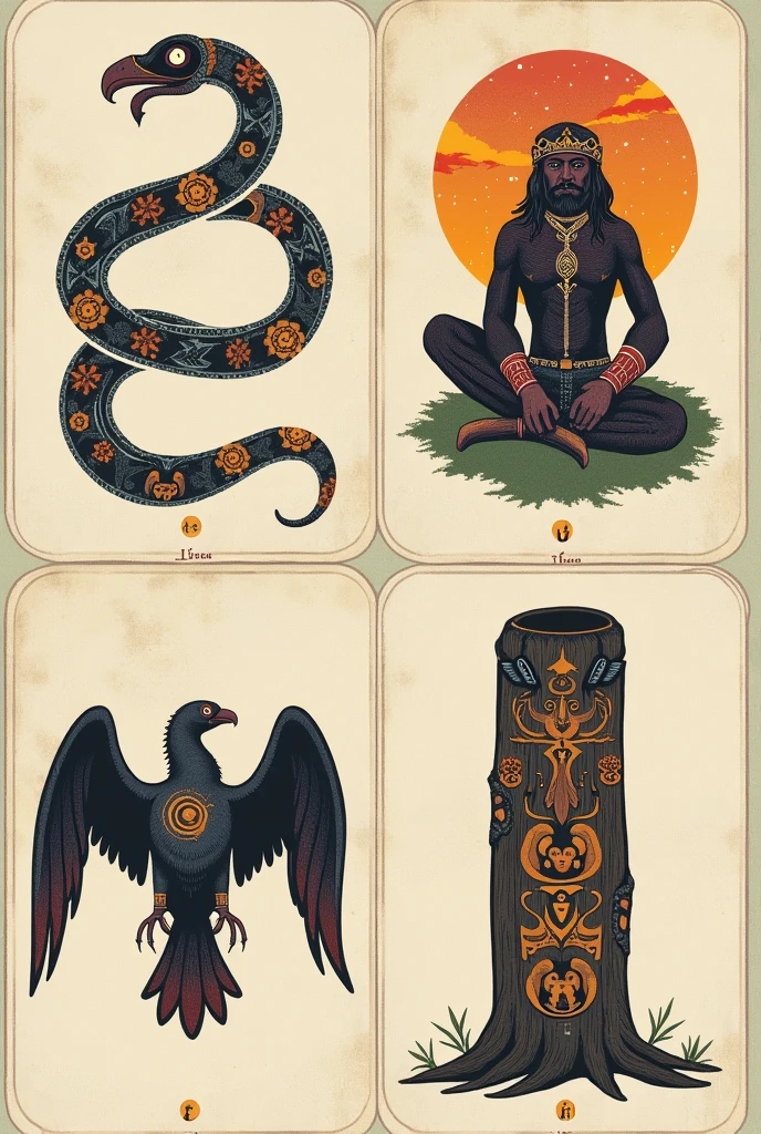 generates the image of the Clue Cards:
Description: Cards with illustrations of objects and symbols related to Mapuche myths and deities. Examples include:
-A Kai Kai snake that represents duality and the struggle of opposing forces.
-The image of Ngenechen, the creator deity, with a starry sky background.
-A condor that symbolizes the connection with the sky and the ancestors.
-Un rehue (sacred trunk) carved with symbols representing connections to the spiritual world.