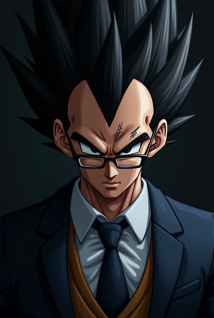 an image of vegeta in nft form showing from the shoulders up with serious and hurt faces with a black background of the image, invitation full of tattoos and formal clothes and black glasses