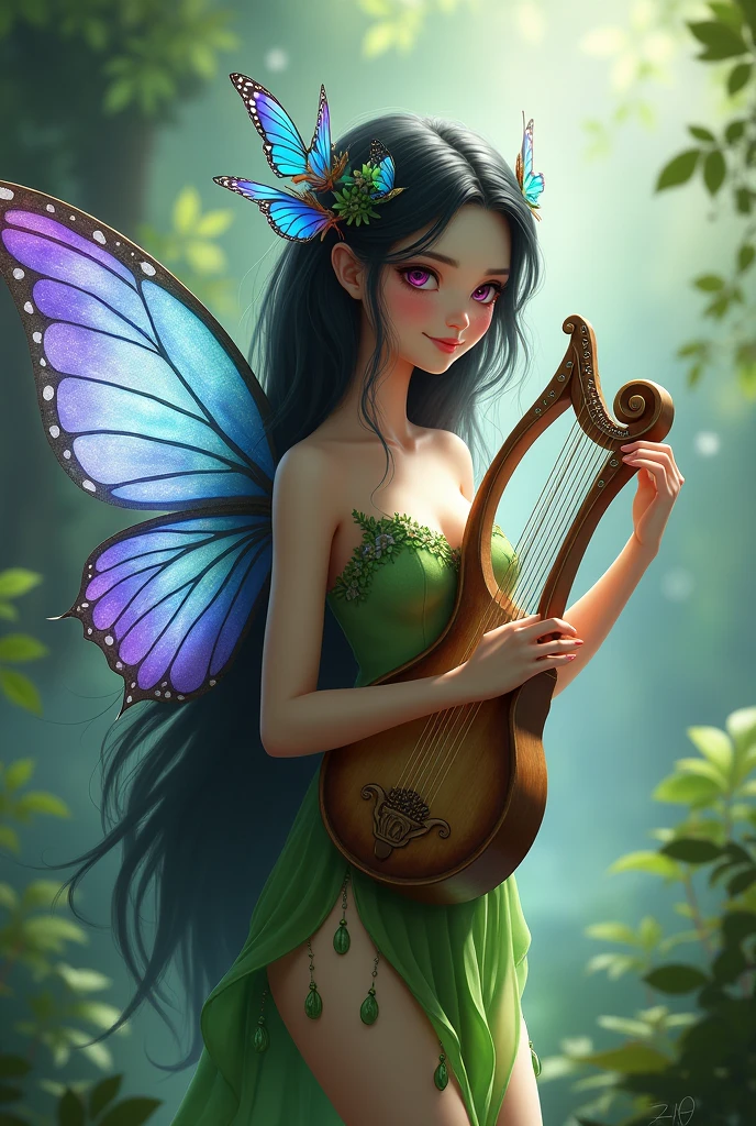 A slender fairy with blue and purple butterfly wings, black hair and pink eyes. She wears green clothes and holds a lyre harp..