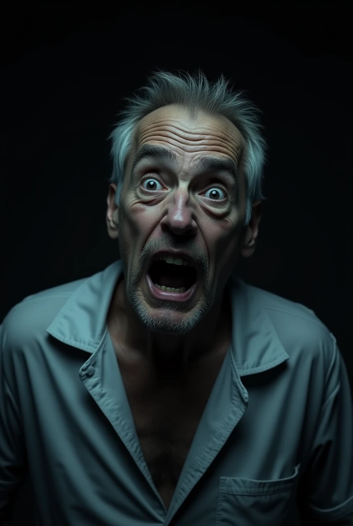 Scared man in pajamas, does not scream, His terrifying surprise was evident, Fear is focused on the eyes, the image highlights the face but highlights the lighting in the eyes and darkness in the rest with a black background in a realistic scene with cold tones and a little scary at night