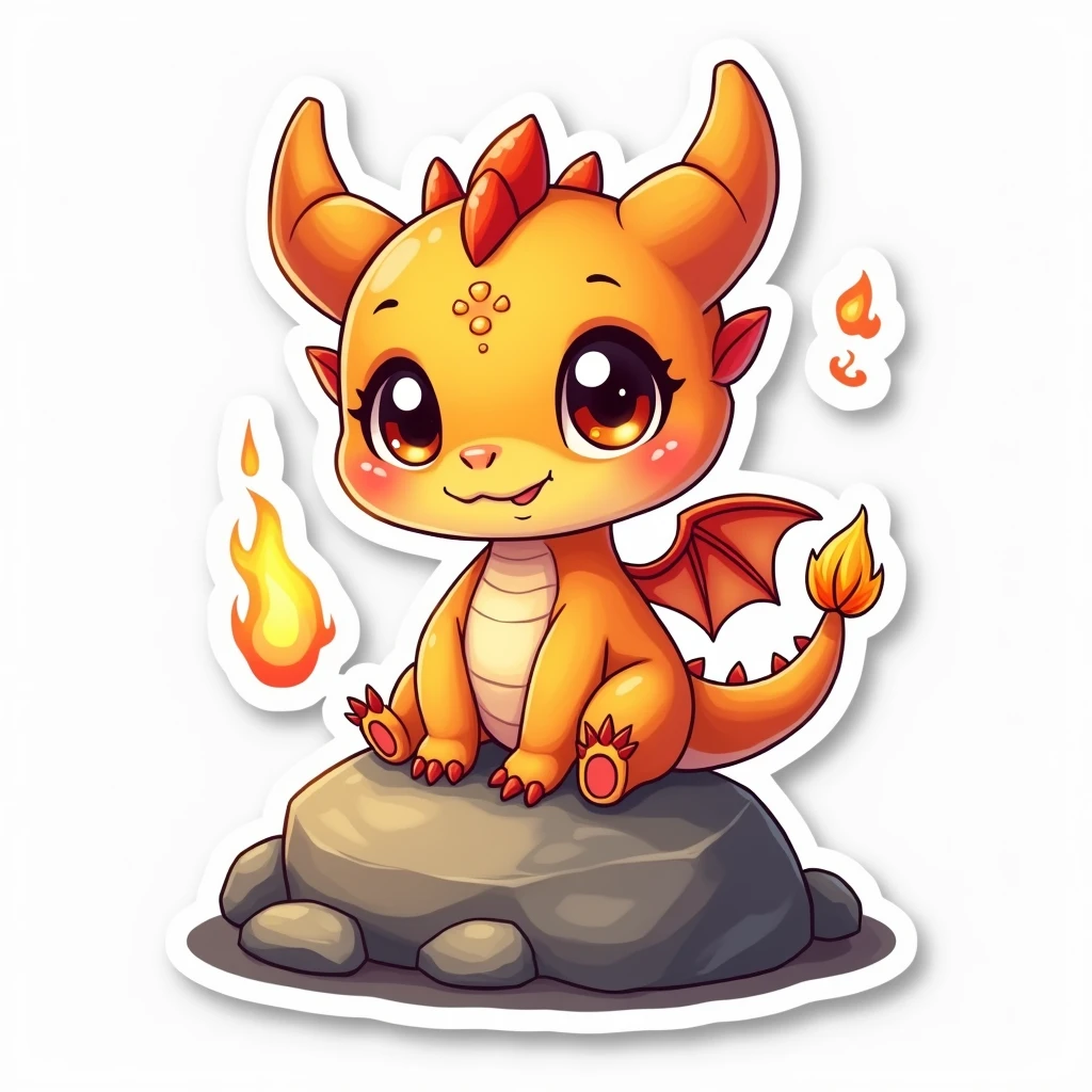A sticker of a little kawaii dragon with big shiny eyes and tiny wings. He is sitting on a rock, breathing a small ray of fire, surrounded by a thick white border for the sticker
