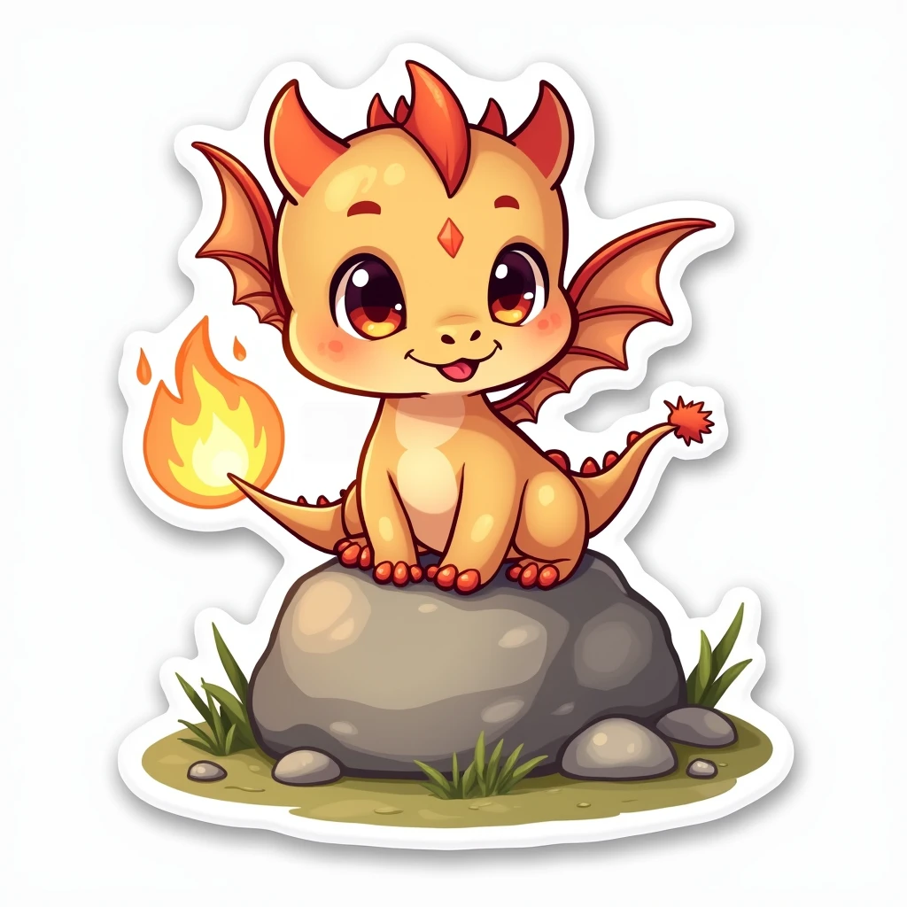 A sticker of a little kawaii dragon with big shiny eyes and tiny wings. He is sitting on a rock, breathing a small ray of fire, surrounded by a thick white border for the sticker
