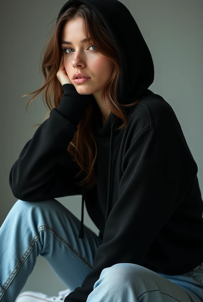 The sexiest 2 European girl with blue eyes and brown hair, she is in a vulnerable submissive position, she is wearing a black hoodie, she is wearing white sneakers and white jeans, ultra High resolution, (fotorrealista: 1. 4), High resolution, (finely detailed skin), (blue eyes), (perfect proportions) (realistic photos) (masterpiece) (fotorrealista), ultra-realistic (Best quality) (detailed) photographed with a Canon EOS R5, 50mm lens, f/2.8, (8k) (Wallpaper) (cinematic lighting) (dramatic lighting) (complex) fashion.