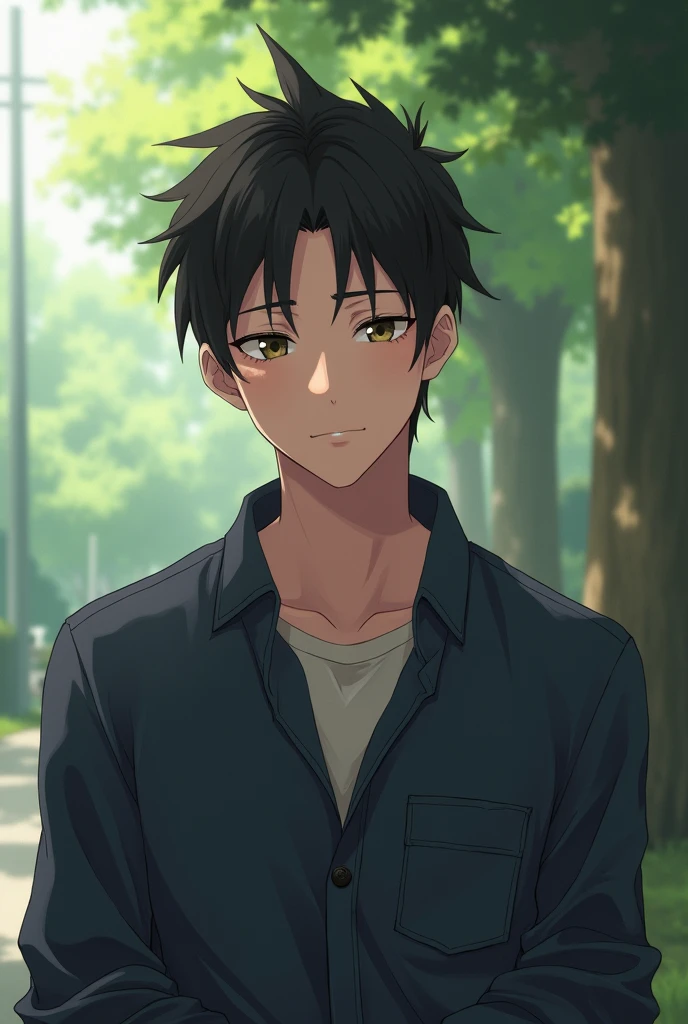 A full grown man, beta male, black hair, he is looking like a people pleaser, anime style, realistic