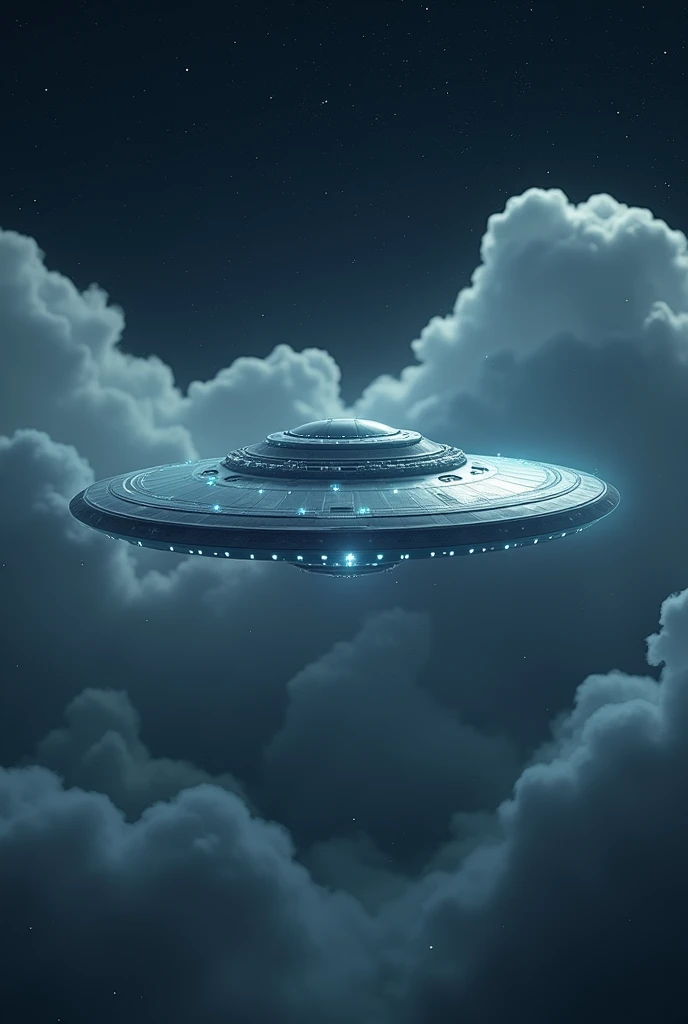 (photorealism:1.2),A UFO is flying in the clouds, night,