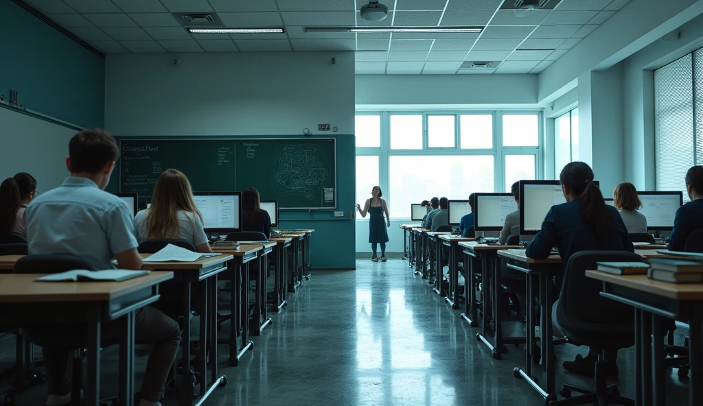"Disconnect between education and the job market"
A classroom with outdated equipment and textbooks on one side, and a high-tech office on the other, separated by a wide gap, representing the disconnect between what’s taught and what’s needed in the job market.Make it realistic not animated