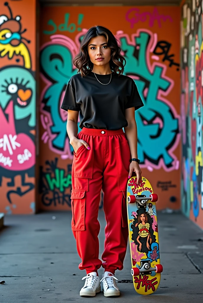 a woman dressed in red standing in front of a wall with a skateboard, a picture by Amelia Peláez, Pexels contest winner, Graffiti, fernanda suarez, Malika Favre, Julia Fuentes, Victoria Siemer, wearing a black t-shirt, Aenami Alena, black t-shirt, black t-shirt, vistiendo black t-shirt