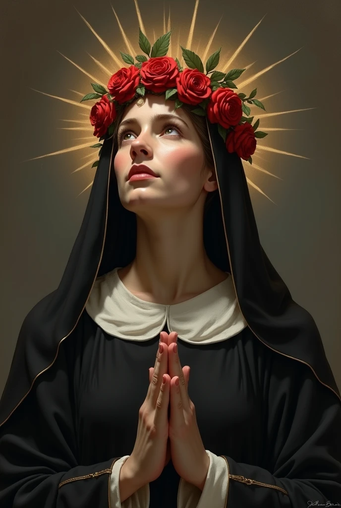 Saint Rose of Lima, patron saint of Peru, with a black and white tunic with a crown of red roses, having faith in God