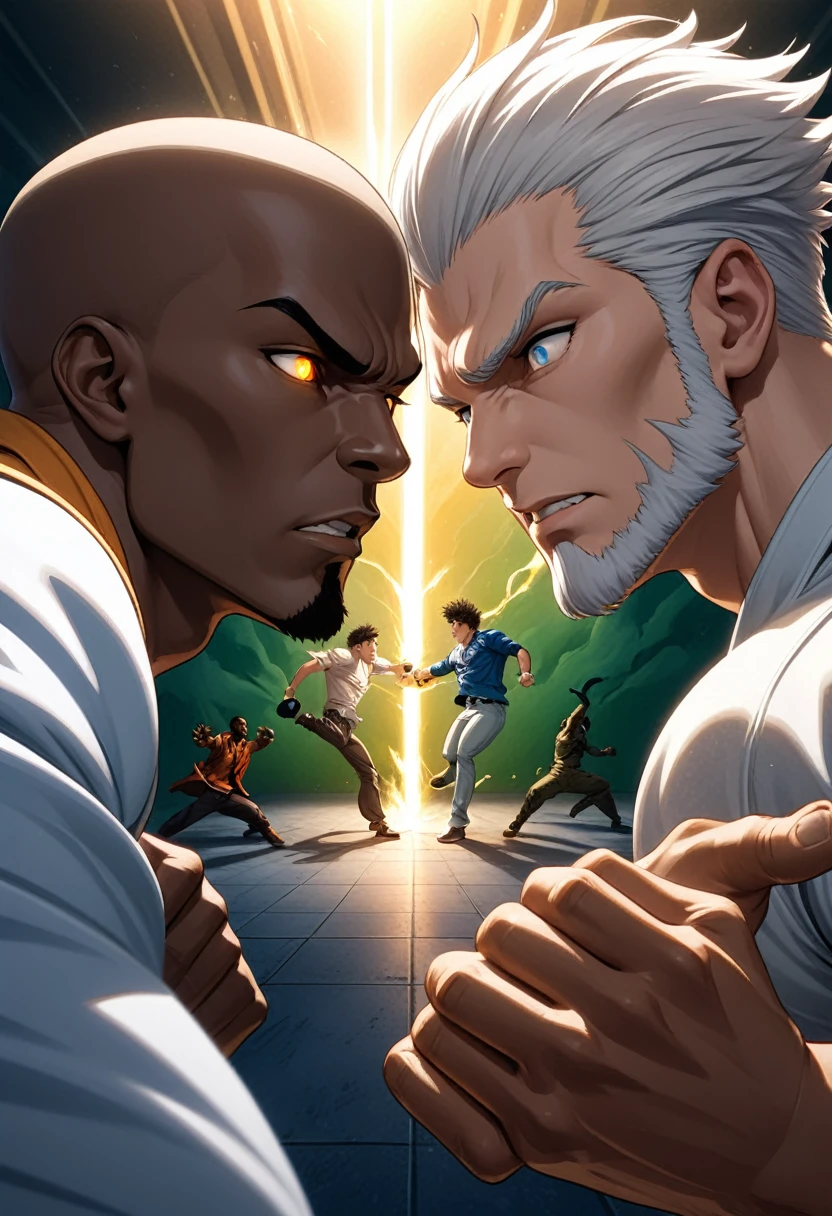  (2boys, yound adults), (black man, black hair,  african-american, beard, capoeira, glowing  brown eyes,wind powers), (white man (white hair, brawler, gray eyes,Irish, earth powers),   young men, college students, gang leaders,  impact frame, motion details, clashing, fighting each other,  face to face, 1-on-1, power surging, splash-art graffiti art, falcoon, sam yang, Murata_yuusuke,  (air gear style art action scene, Score_8_up,  accurate character art,  full rendered,  ink medium,  ultra-detailed manga, semirealism), (best quality, Hdr,uhd,  ultra absurdres, very aesthetic, sharp gradients, deep highlights, deep exposure,  ultra-detail college classroom background, detailed smooth textures, perfect hands, perfect character, perfect eyes, perfect anatomy, perfect  physiques, amazing skin, beautiful detailed eyes, beautifully intricate face details, detailed character features, dynamic perspective, dynamic lighting, dynamic shading, atmospheric shadowing, mystical atmosphere,