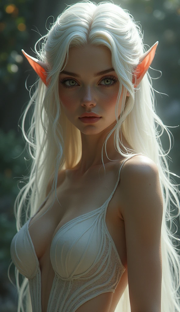 Elf female, white hair, cat eyes, big breasts, slim waist, full body, from head to toe, highly detailed, very realistic,